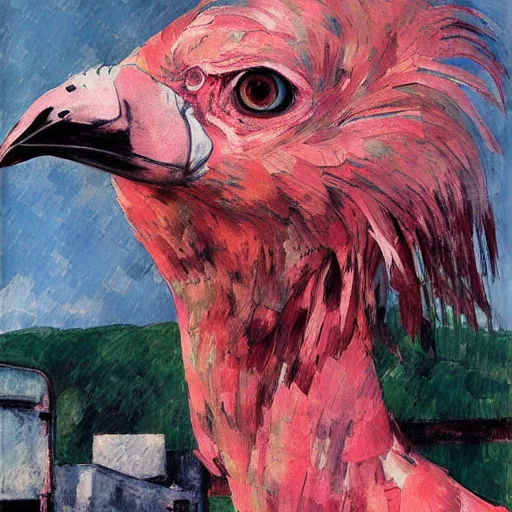 Prompt: shredded physique feathered tall neck beak Portrait of Samuel Beckett camouflaged as Flamingo whilst wearing a pink tuxedo Standing atop a Garbage Truck Greg Rutkowski Vik Muniz Paul Cezanne Andrew Wyeth Dan Witz