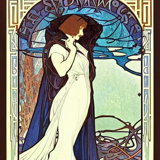 Prompt: Portrait of a female wizard with brown hair wearing a blue hood and blue robe holding a book, art nouveau poster by alphonse mucha, extremely detailed