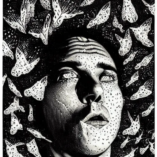 Prompt: a guy, face covered in moths, small details, by virgil finlay, by kilian eng,