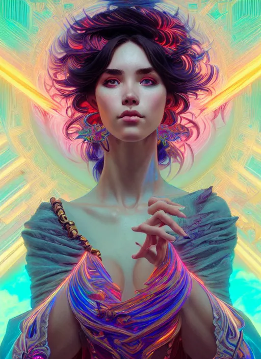 Image similar to hyper detailed ultra sharp of a beautiful sorcerer girl. trending on artstation, vaporwave aesthetic, synthwave, colorful, psychedelic, ornate, intricate, digital painting, concept art, smooth, sharp focus, illustration, art by artgerm and greg rutkowski and alphonse mucha, 8 k