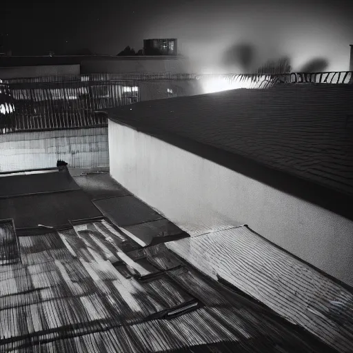Image similar to a photo of shadowy figure on a roof, black and white, long exposure, motion blur, 35mm
