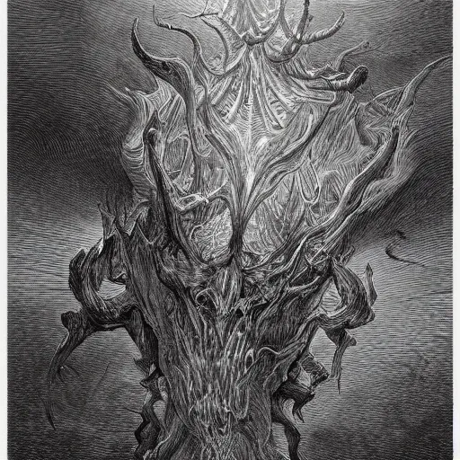 Image similar to full body grayscale drawing by Gustave Dore and Anato Finnstark of horned muscled humanoid demon, 3/4 view from below, engulfed in swirling flames