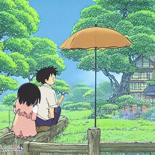 Image similar to a beautiful scene of two machine learning engineers discovering an amazing new algorithm, from studio ghibli's my neighbour totoro