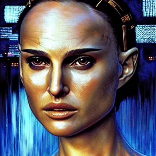 Prompt: natalie portman as cyberpunk samurai, atmospheric lighting, painted, intricate, blue and golden hour, ultra detailed by peter gric, giger, enki bilal