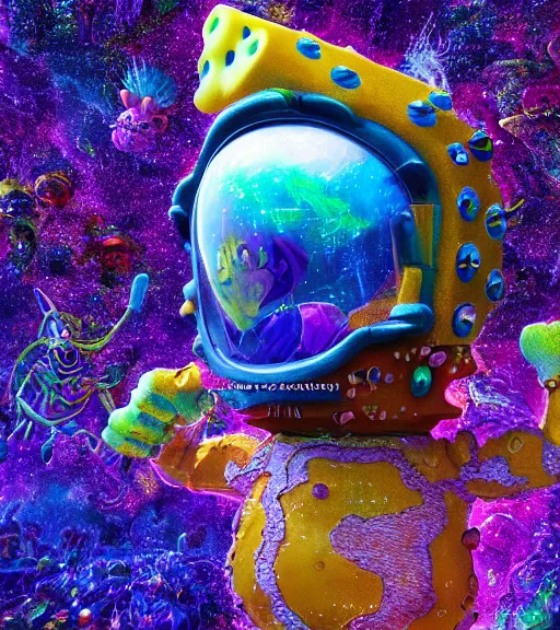 Prompt: portrait of a fantasycore glitchcore SpongeBob Squarepants in a helmet. intricate abstract. intricate artwork. celestial. prismatic, by josephine wall, pixar, ghibli. octane render, CGSociety very coherent symmetrical artwork. cinematic, hyper realism, high detail, octane render, 8k, holographic accents