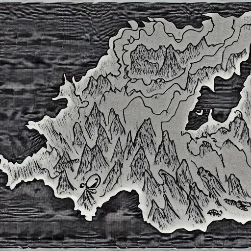 Prompt: topographical map of a fantasy world, drawing, monsters