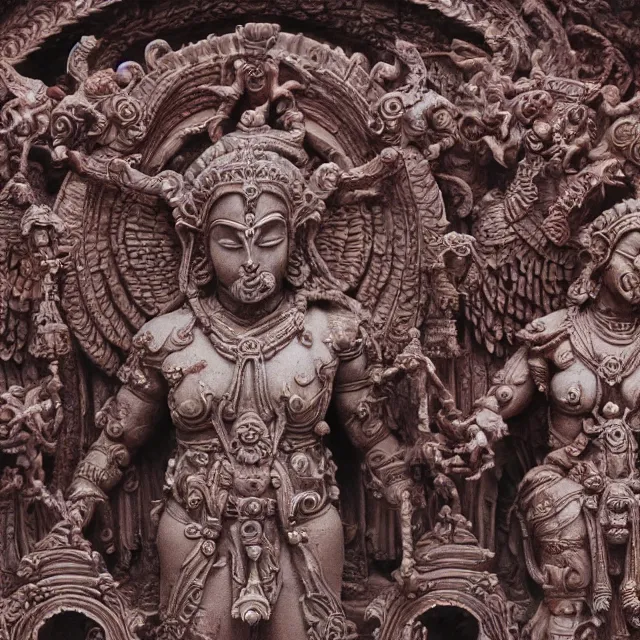 Prompt: temple made of flesh, hindu ornaments, blood god statue at the center, angel statues, 8 0's horror movie film still, highly detailed, symmetry, award - winning photography, 1 2 0 mm