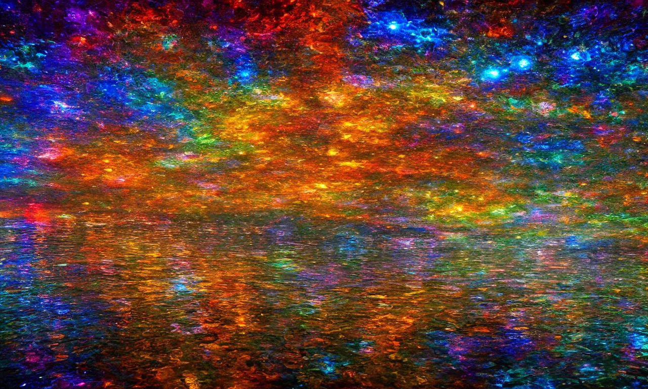 Image similar to Beautiful impressionistic painting, of fractal cosmic lights, water reflection, intricate details, high quality, 8k, wide lens atmospheric photo, color grading !dream