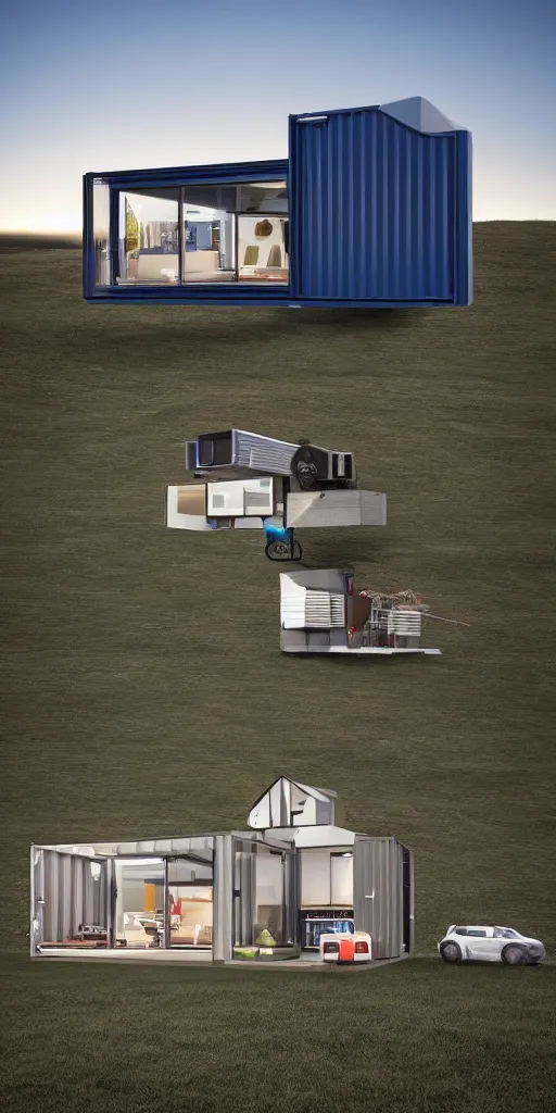 Image similar to a mechanical highly detailed shipping container converted to a modern house with drone propellers on top of the house the entire thing is hovering shown from a distance over a field centered perfect symmetry cinematic lighting