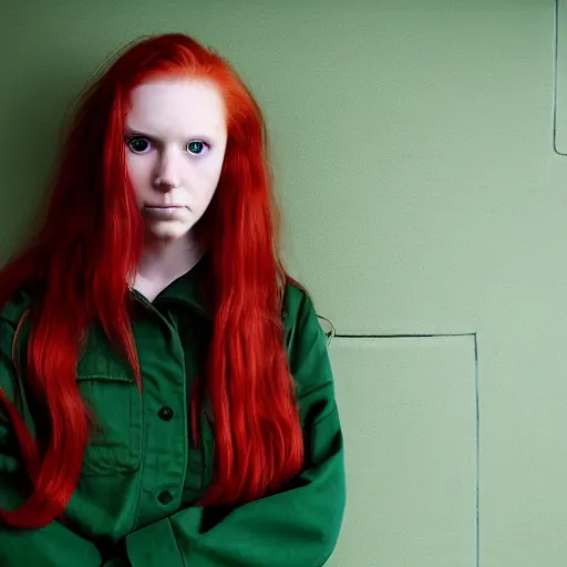 Image similar to portrait of an attractive tomboy girl with long crimson red hair and red eyes wearing a brown open jacket and green jeans with a stern look, album art, boards of canada