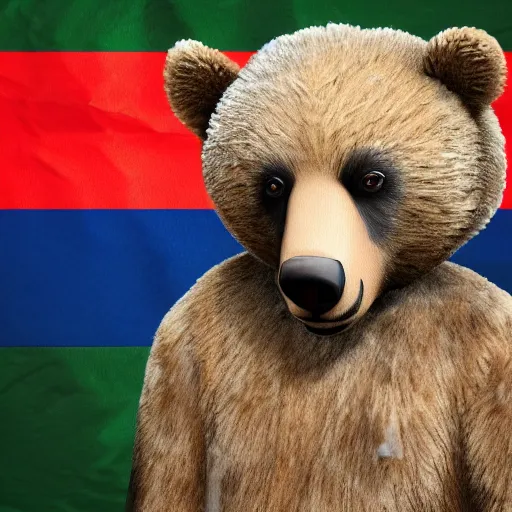 Prompt: bear animal, with army commander clothes, Russian flag,
