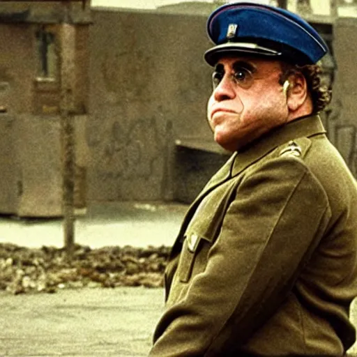 Image similar to Danny Devito as a soldier in a movie directed by Christopher Nolan, movie still frame, promotional image, imax 70 mm footage