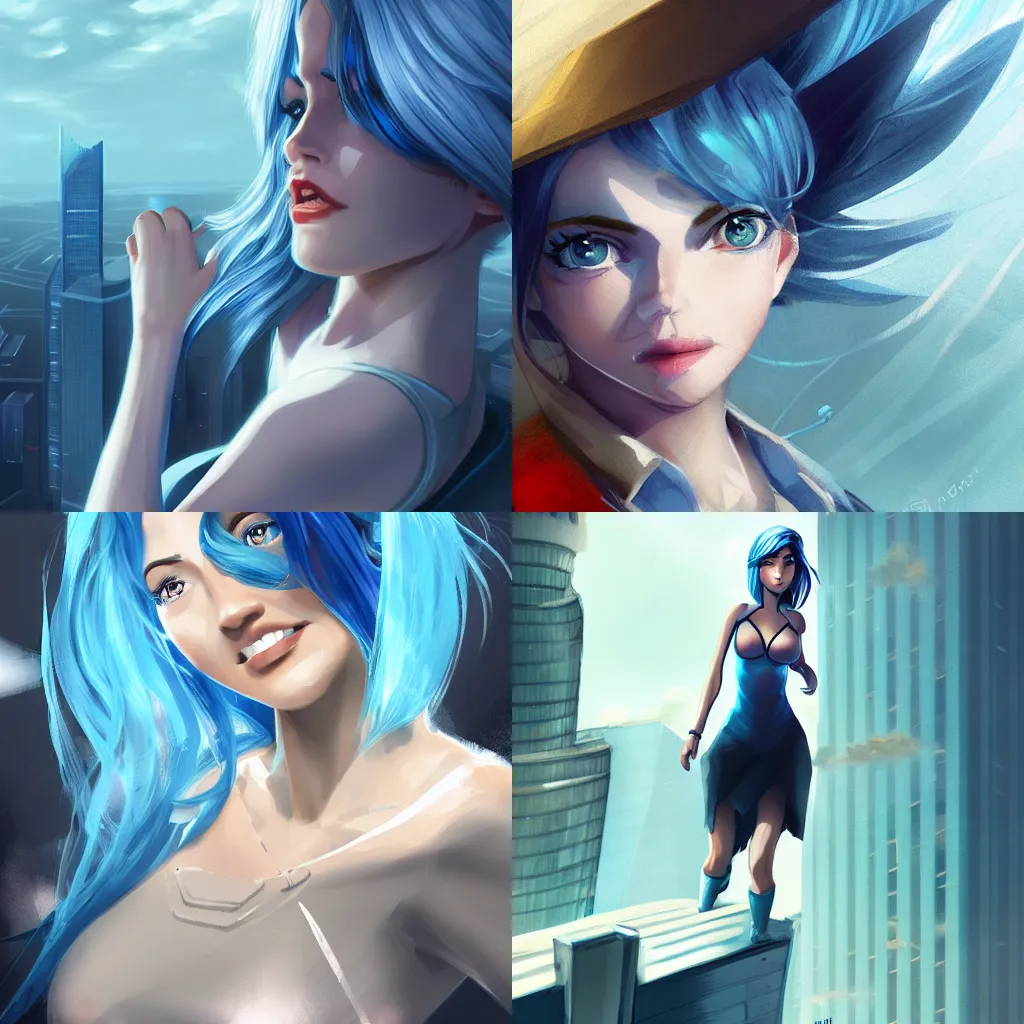 Prompt: an attractive young female on top of the skyscraper with strong winds, illustration, sharp focus, concept art, artstation, digital painting, highly detailed, smooth, blue hair, in the style of Narcos