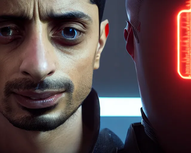 Image similar to highly detailed portrait of riz ahmed as an android, in detroit : become human, stephen bliss, unreal engine, fantasy art by greg rutkowski, loish, rhads, ferdinand knab, makoto shinkai and lois van baarle, ilya kuvshinov, rossdraws, tom bagshaw, global illumination, radiant light, detailed and intricate environment