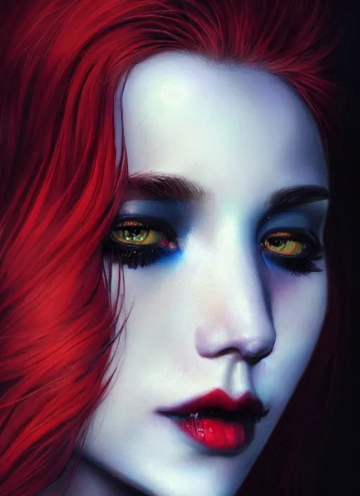 Image similar to girl with iridescent red hair, beautiful highly detailed face, complementary lighting, backlit, black eyeshadow, black lipstick, divine, dramatic lighting, landscape background, beautiful painting by artgerm and greg rutkowski and raymond swanland