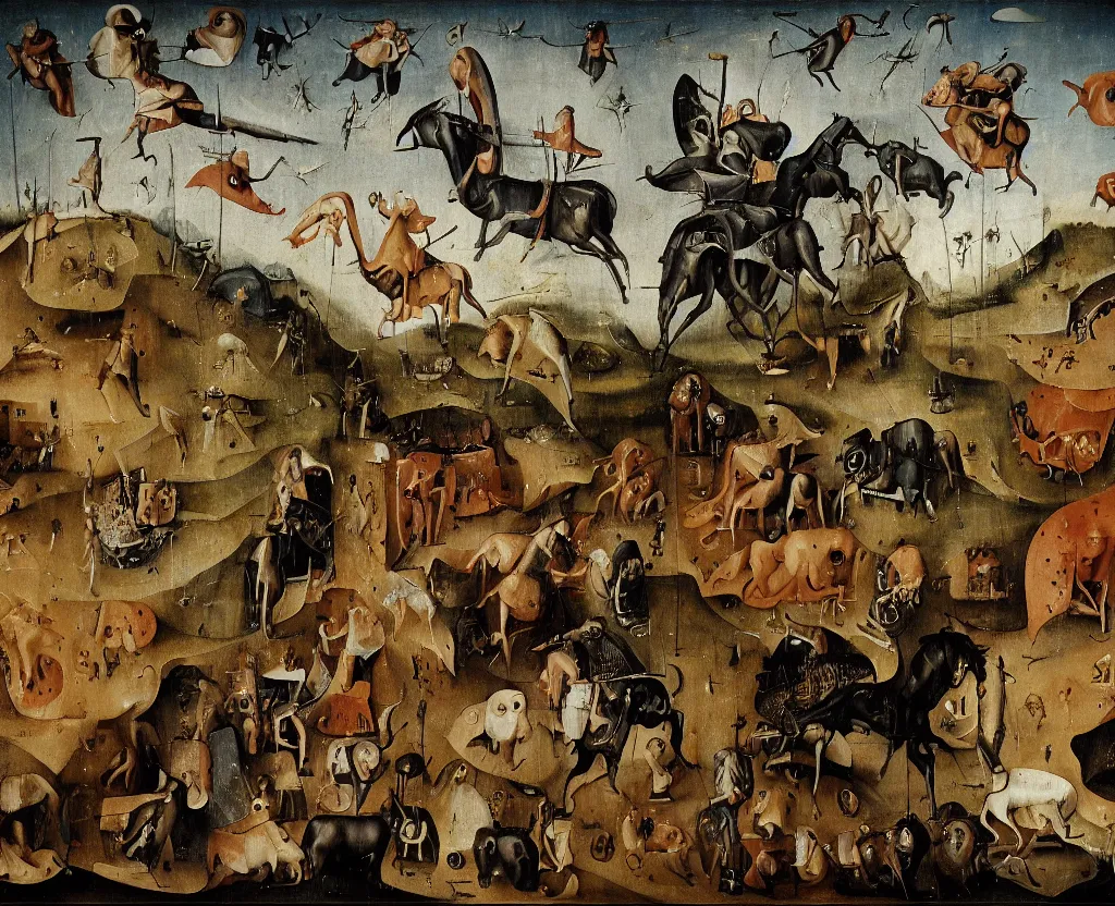 Image similar to the four horsemen of the apocalypse in a modern industrial park as by hieronymus bosch