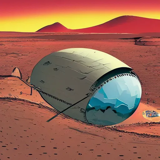 Image similar to very detailed, ilya kuvshinov, mcbess, rutkowski, illustration of a giant ship that has crash landed on a desert planet