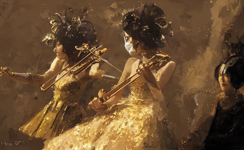 Image similar to craig mullins and ghibli digital art of on the stage of the theater, a masked female violinist performs alone, dressed in exotic costumes, gold jewelry, and black hair realistic shading, cinematic composition, realistic render, octane render, detailed textures, photorealistic, wide shot