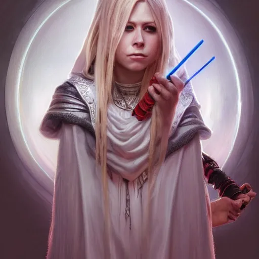 Image similar to perfectly - centered - portrait of avril lavigne wearing white cloak holding light saber, intricate, highly detailed, digital painting, artstation, concept art, smooth, sharp focus, illustration, unreal engine 5, 8 k, art by artgerm and greg rutkowski and alphonse mucha