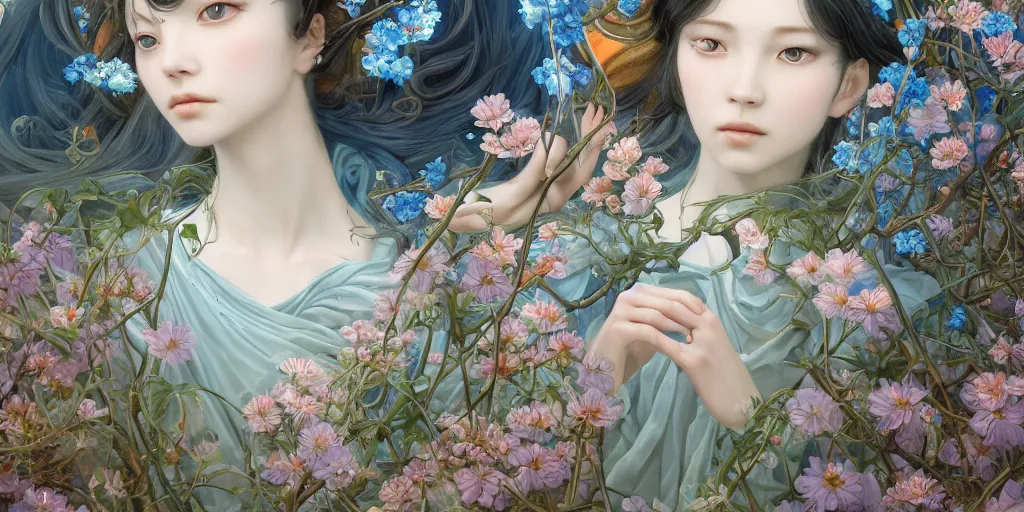 Image similar to breathtaking detailed concept art painting of the goddess of nemophila flowers, orthodox saint, with anxious, piercing eyes, ornate background, amalgamation of leaves and flowers, by Hsiao-Ron Cheng, James jean, Miho Hirano, Hayao Miyazaki, extremely moody lighting, 8K