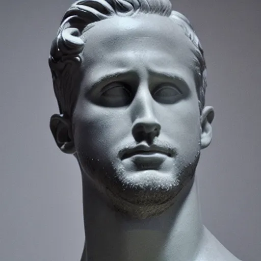 Image similar to ryan gosling as roman statue, dramatic light, reflective, clear, museum exposition