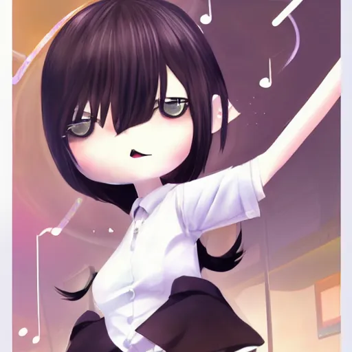 Image similar to luxury advertisement, astonishing artwork of a very beautiful dancing anime schoolgirl with black bob hair in style of cytus and deemo, full perfect face, she is dancing, set in Half-life. Realistic, highly detailed background, Pixiv, 120 degree view, drawn by Sasoura, Satchely and Akihiko Yoshida, no distortion