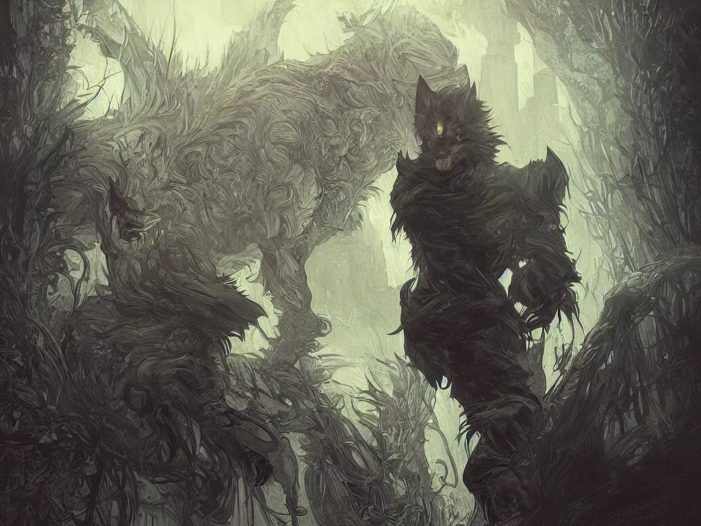 Image similar to urban fantasy Painting of a wolfman at night, creepy, highlights, dodge and burn, thriller, mystery, intricate, wild, highly detailed, digital painting, artstation, concept art, smooth, sharp focus, illustration, art by artgerm and greg rutkowski and alphonse mucha