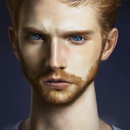 Image similar to 2 4 - year - old man, masculine face, square jaw, ginger hair, dark blue eyes, hyper realistic face, beautiful eyes, highly detailed, digital painting, smooth, sharp, beautiful face, expressive eyes, long fluffy wavy ginger hair, art by greg rutkowski and alex gray