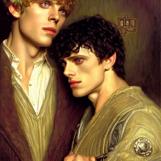 Image similar to arthur pendragon and merlin. close up of their faces. natural lighting. highly detailed painting by gaston bussiere, j. c. leyendecker 8 k