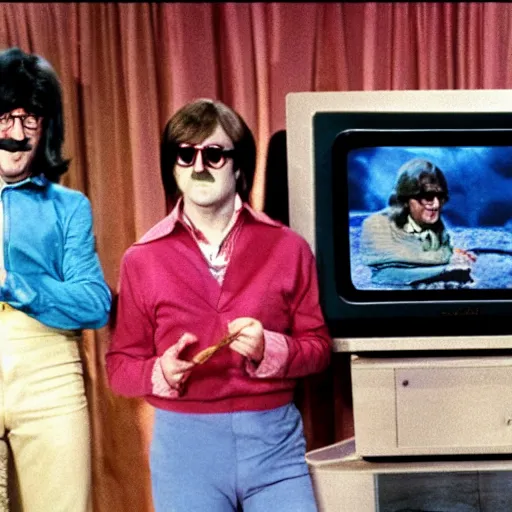 Prompt: on the full color tv set of captain kangaroo, 7 0 s color grade, guest starring john lennon