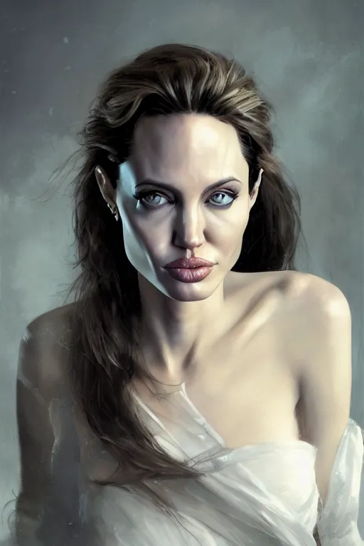 Prompt: a fancy portrait of a beautiful young angelina jolie by greg rutkowski, sung choi, mitchell mohrhauser, maciej kuciara, johnson ting, maxim verehin, peter konig, bloodborne, 8 k photorealistic, cinematic lighting, hd, high details, dramatic, dark atmosphere, trending on artstation