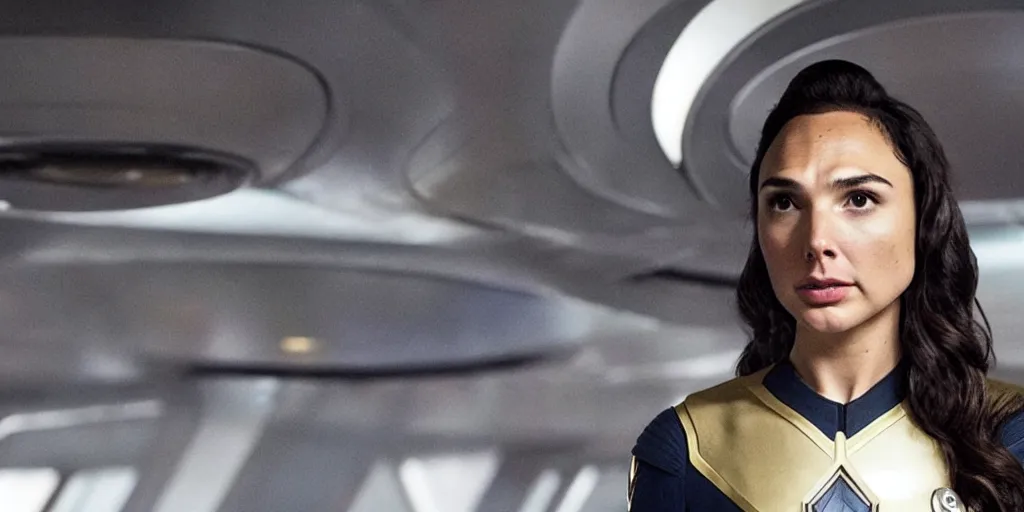 Image similar to Gal Gadot, in full starfleet uniform, is the captain of the starship Enterprise in the new Star Trek movie