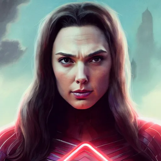 Image similar to a potrait of Gal Gadot as Scarlet witch by Greg Rutkowski, Sung Choi, Mitchell Mohrhauser, Maciej Kuciara, Johnson Ting, Maxim Verehin, Peter Konig, 8k photorealistic, cinematic lighting, HD, high details, dramatic, trending on artstation, full body shot