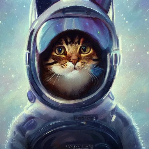 Image similar to head and shoulders masterpiece portrait of a cute adorable cat wearing a spacesuit, surreal background, digital art by krenz cushart, trending on artstation, cgsociety,