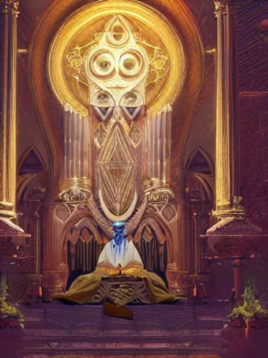 Image similar to the hierophant siting in his throne, talking to his cathedral congregation. intricate, elegant, highly detailed, digital painting, artstation, concept art, sharp focus, illustration, by justin gerard and artgerm, 8 k