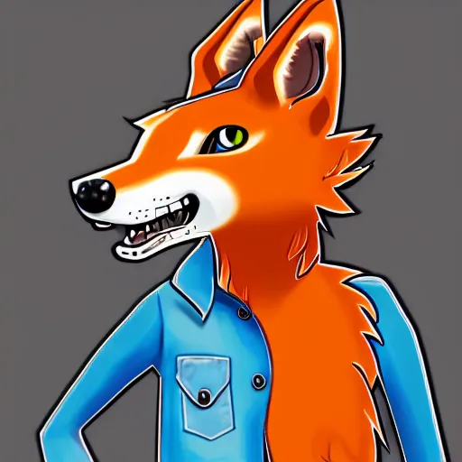 Image similar to anthropomorphic vulpes vulpes fulva wearing polo shirt and cargo shorts, male with lip piercing and blue eyes, 4 k, award winning extremely detailed fantasy art