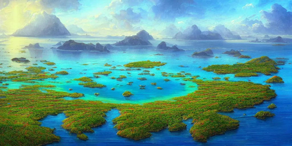 Prompt: a beautiful painting of a A paradisiacal landscape of a sea lagoon surrounded by islands, a fantastic city built on water, rays of light illuminating the water by John Howe, Trending on Artstation, Landscape vista photography,16K resolution, Landscape 35mm veduta photo,8k resolution, detailed landscape painting by , DeviantArt, Flickr, rendered in Enscape, Ultrafine Details, Reimagined By Industrial Light And Magic, highly detailed, octane render, epic and breathtaking composition, Marc Simonetti and Jim Burns landscape, #vfxfriday, 4k resolution post-processing, Global Illumination