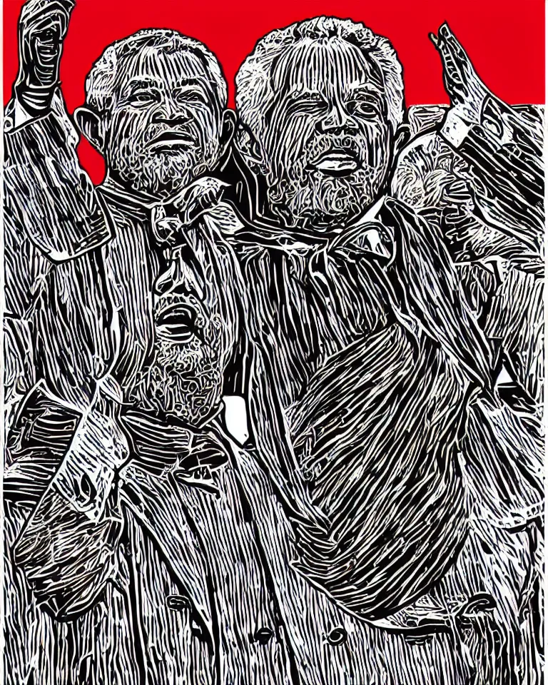 Prompt: a lifelike linocut engraving of a singular president lula. red, black and white color scheme