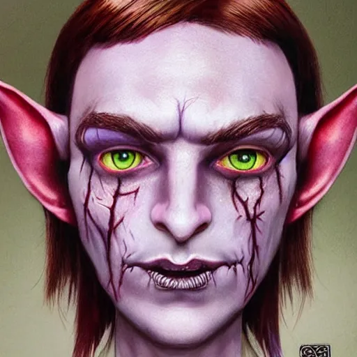 Image similar to a frightening, beautiful elf with violet skin, a scarred face, a bob haircut, and bushy eyebrows, smirking, in the style of jason edmiston