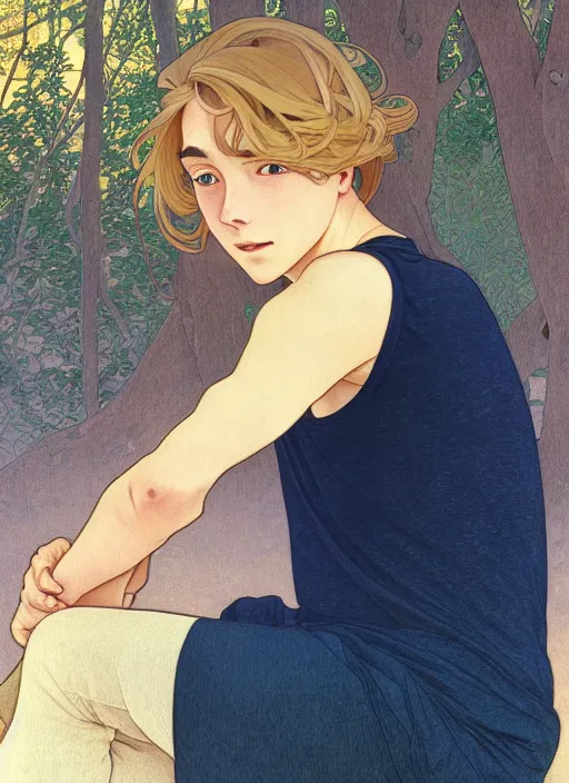 Image similar to pretty young man with shoulder length shiny shimmering golden blond hair, head down, demure, shy, path traced, highly detailed, high quality, digital painting, by studio ghibli and alphonse mucha, leesha hannigan, disney