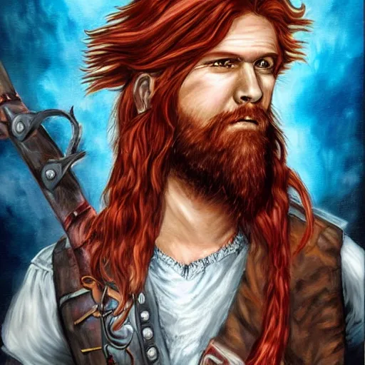 Image similar to an epic fantasy comic book style portrait painting of a long haired, red headed male sky - pirate in front of an airship