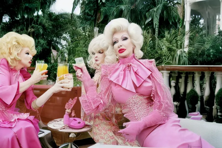 Prompt: Angelyne and martina bigg share drinks on the veranda, photographed by annie liebovitz