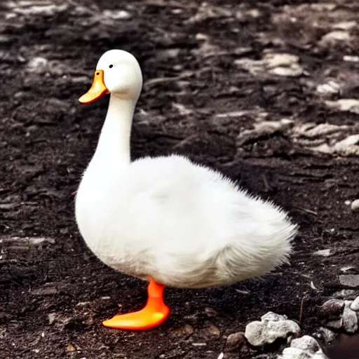 Image similar to a white duck, standing by molten lava