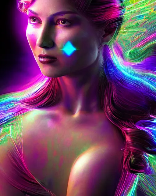 Image similar to a powerful energy psychedelic holographic matrix woman, by alexander fedosav, hyper detailed digital matte painting, concept art, hyperrealism, 1 6 k resolution, cinema 4 d, 8 k resolution, trending on artstation, behance hd, a masterpiece, by stephan martiniere, particles, cel - shaded, power bright neon energy, by david a. hardy,