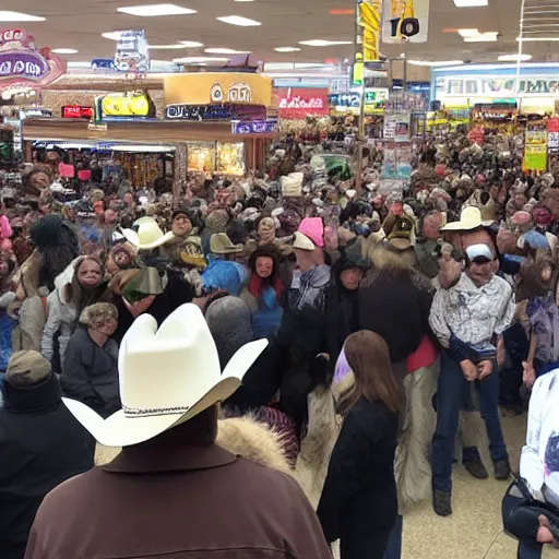 Image similar to local news roadside interview, an 8 foot tall prairie dog human cryptid creature wearing a white cowboy hat standing in the middle of a huge crowd inside a black friday sale in a busy store