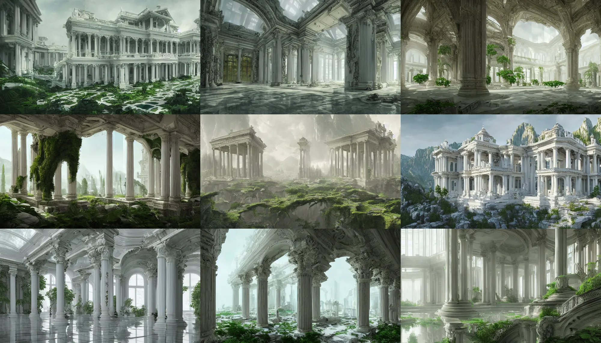 Prompt: Gorgeous white palace with big windows and columns built in the giant green mountains, hyperdetailed, artstation, cgsociety, 8k