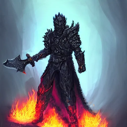 Image similar to a man in black-crystal armor surrounded by flames wielding a battle-axe made of black crystals. ,D&D, sci-fi, elegant, hopeful, muscular, highly detailed, digital painting, artstation, concept art, smooth, sharp focus, illustration