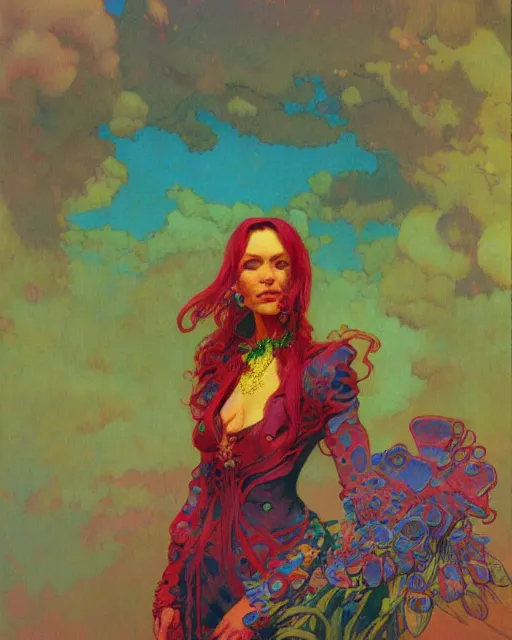 Image similar to rainbow flowerpunk portrait of a strict matriarch, on an aircraft, by paul lehr, beksinski, jesper ejsing, alphonse mucha