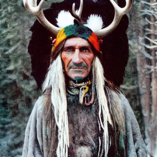 Image similar to color polaroid photograph of a neolithic shaman wearing a deer antler headdress