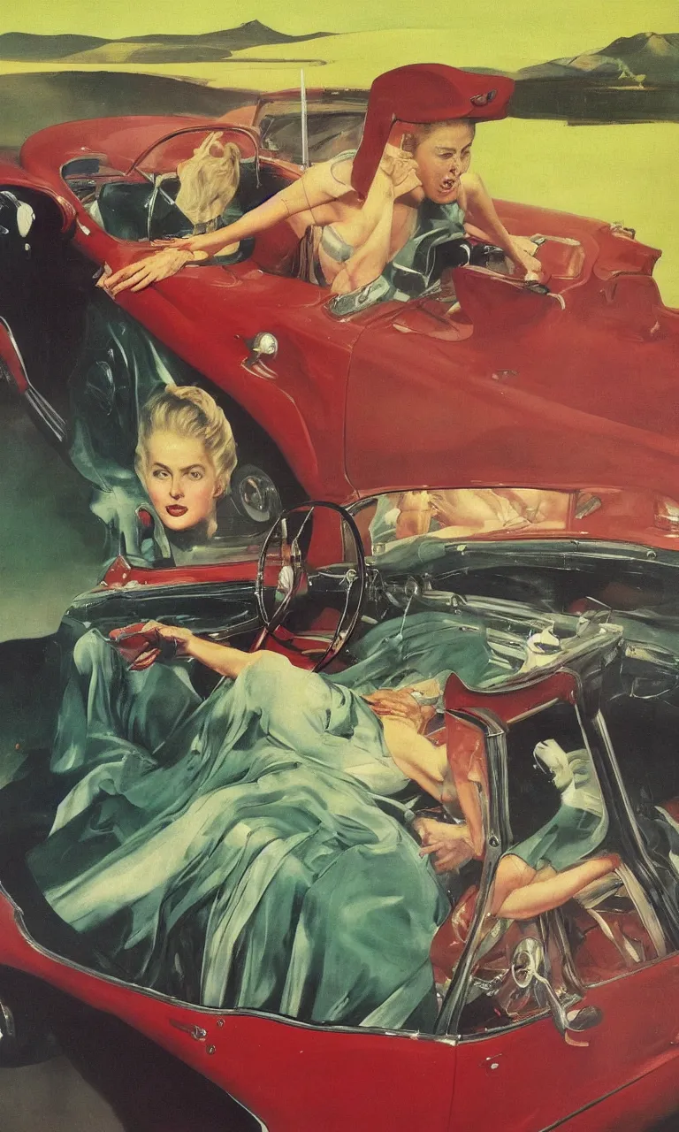 Image similar to 1950s blonde driving Ford mustang on the Swedish countryside. oil on canvas. in the style of Francis Bacon and Zdzislaw Beksinski, Edward Hopper and Norman Rockwell, highly detailed, very coherent, triadic color scheme, airbrush, very coherent, triadic color scheme, art by Takato Yamamoto and James Jean